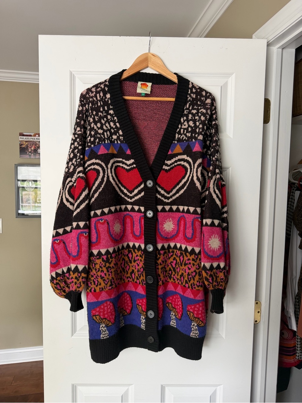 Farm Rio Vintage-Inspired Multicolor Heart Pattern Cardigan Sweater